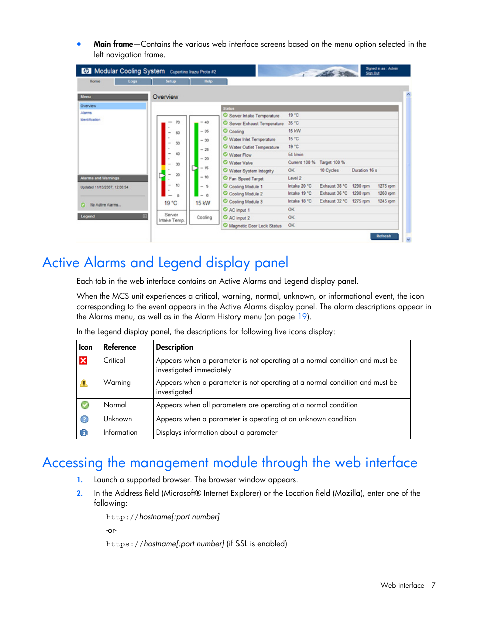 Active alarms and legend display panel | HP Modular Cooling System User Manual | Page 7 / 57