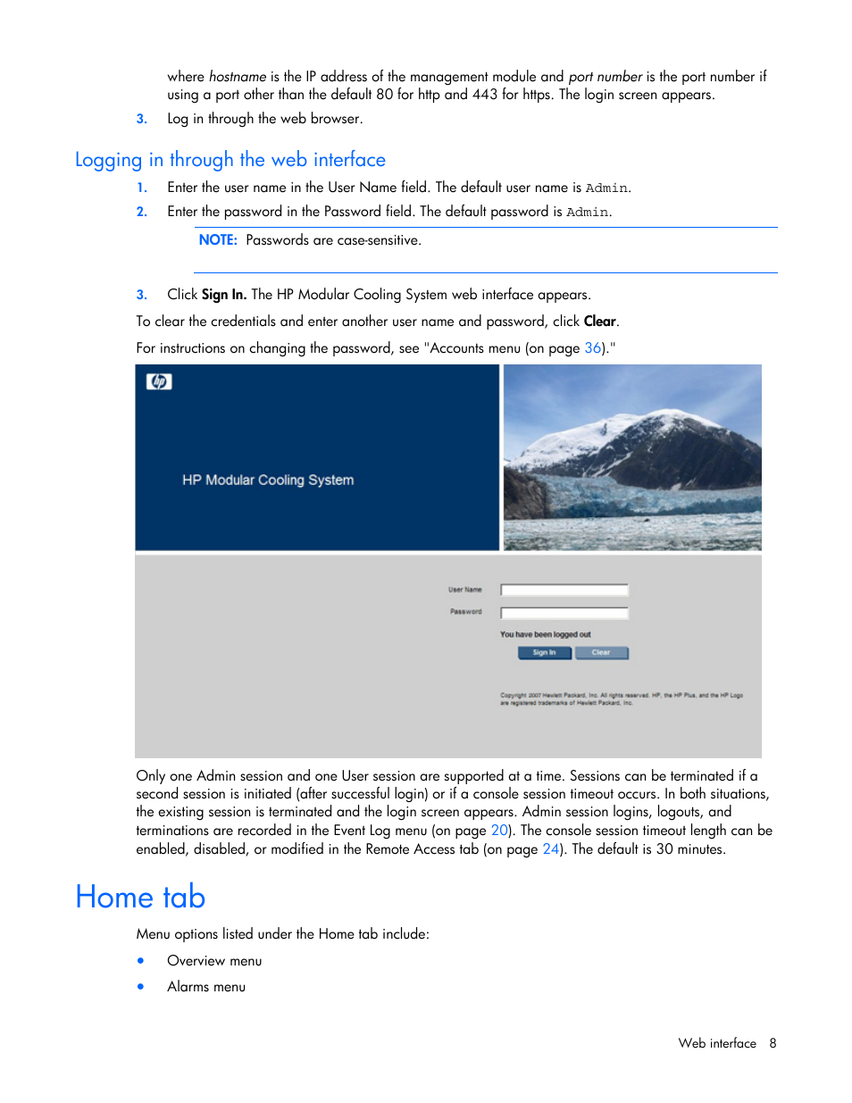 Logging in through the web interface, Home tab | HP Modular Cooling System User Manual | Page 8 / 57