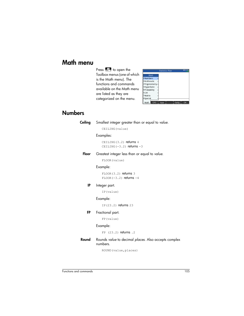 Math menu, Numbers | HP Prime Graphing Wireless Calculator User Manual | Page 109 / 334