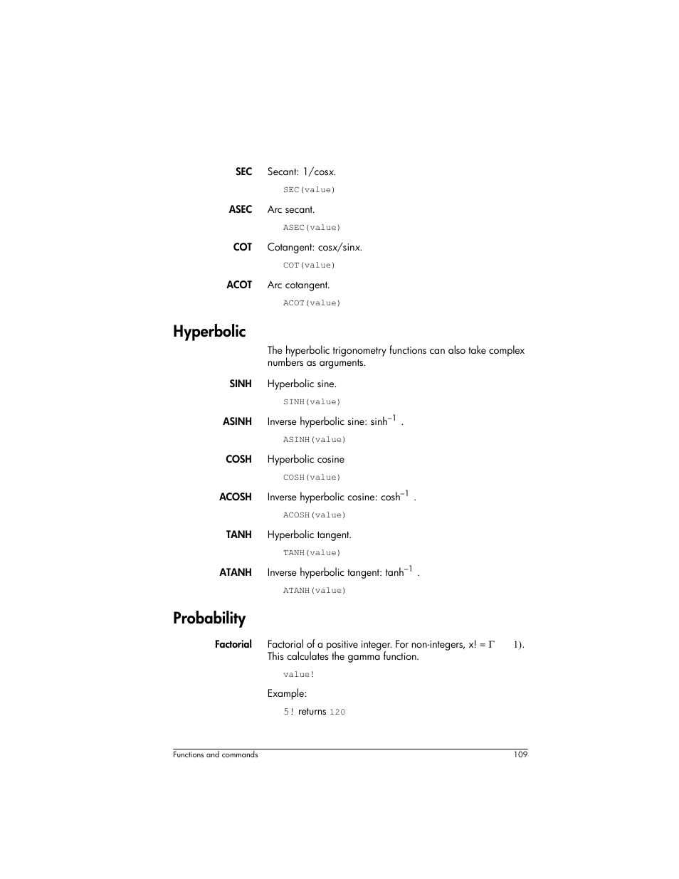 Hyperbolic, Probability | HP Prime Graphing Wireless Calculator User Manual | Page 113 / 334