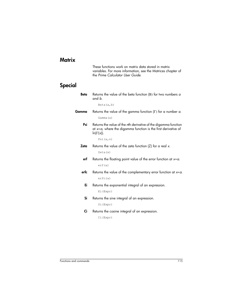 Matrix, Special | HP Prime Graphing Wireless Calculator User Manual | Page 119 / 334