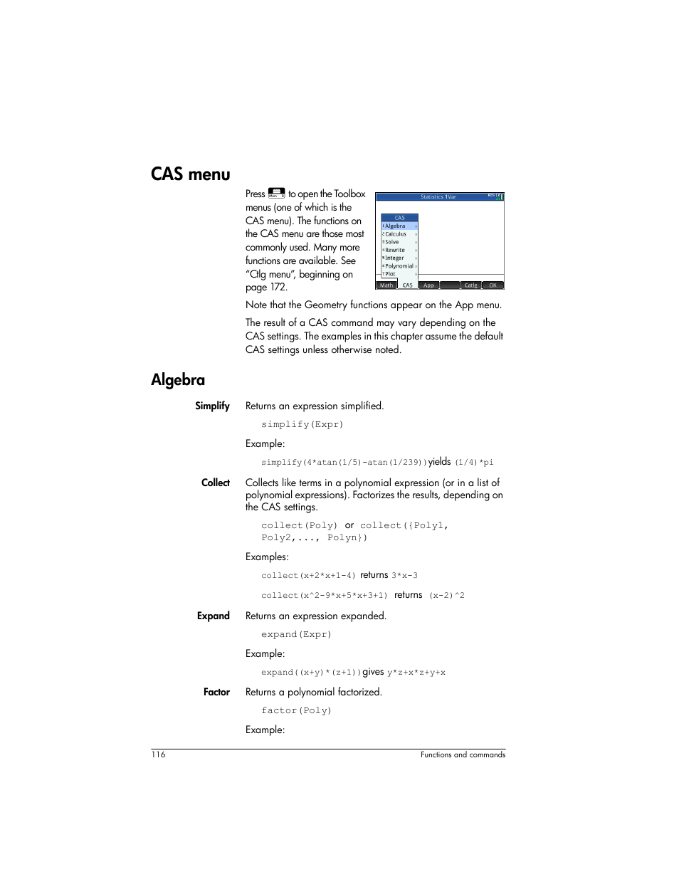 Cas menu, Algebra | HP Prime Graphing Wireless Calculator User Manual | Page 120 / 334