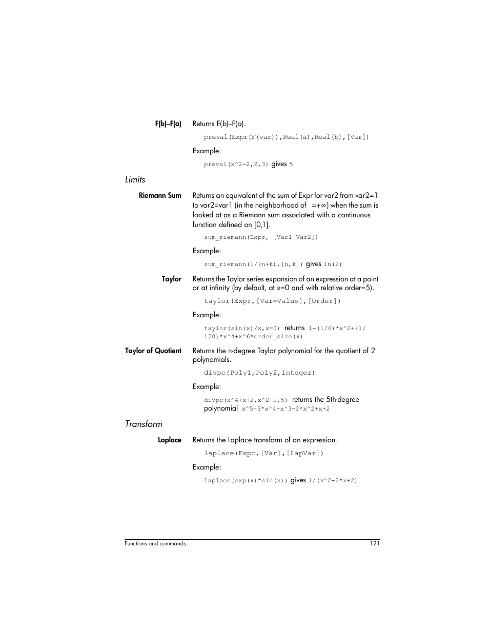 Limits, Transform | HP Prime Graphing Wireless Calculator User Manual | Page 125 / 334