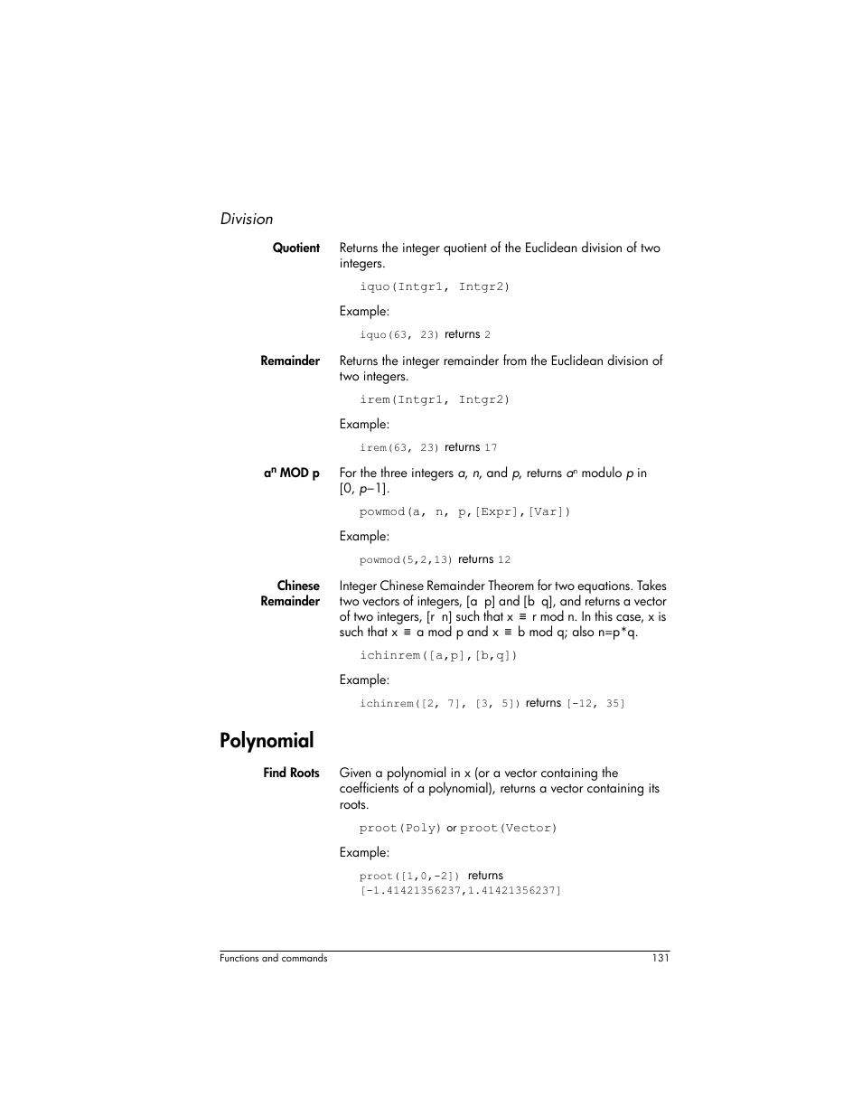 Polynomial, Division | HP Prime Graphing Wireless Calculator User Manual | Page 135 / 334