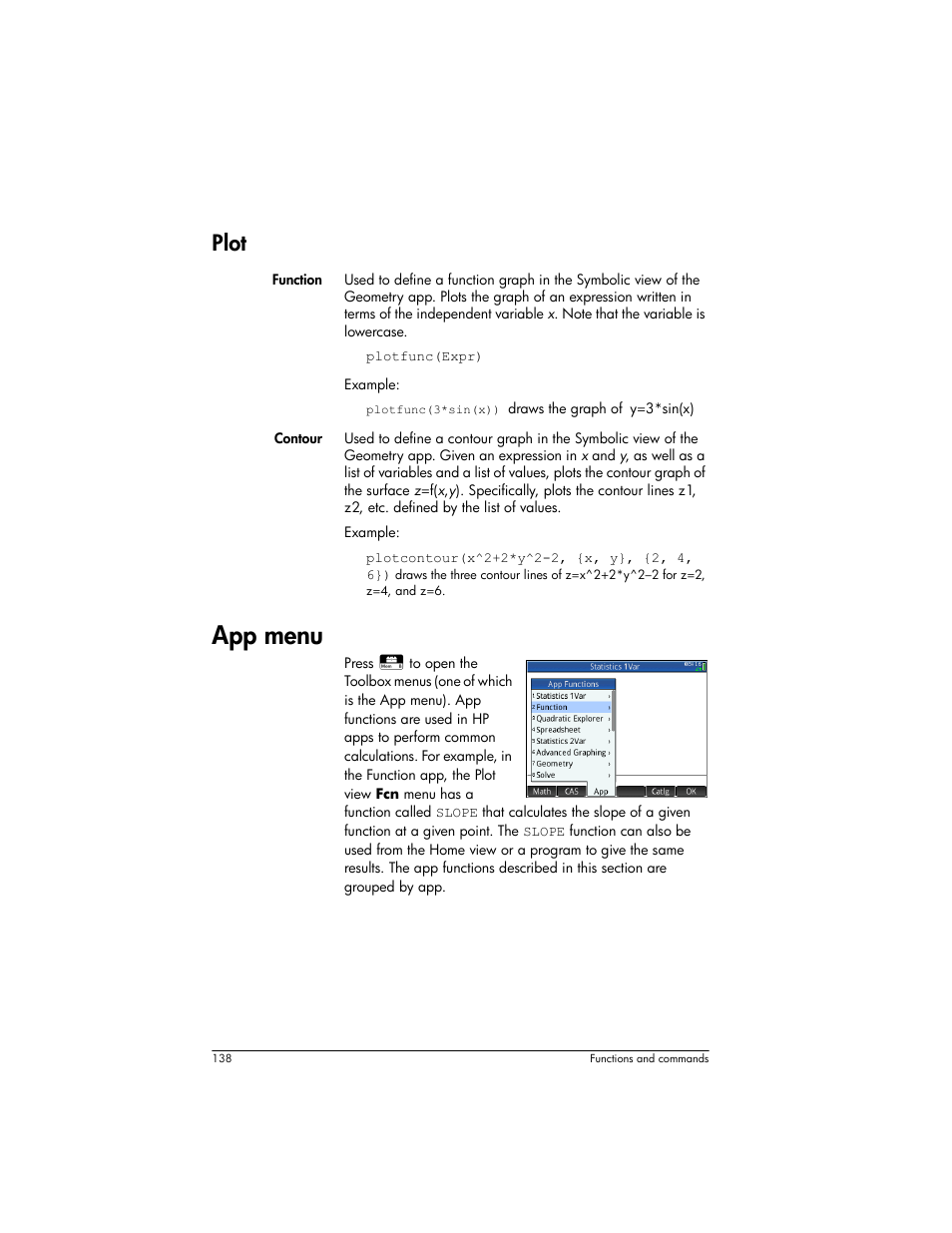 Plot, App menu | HP Prime Graphing Wireless Calculator User Manual | Page 142 / 334