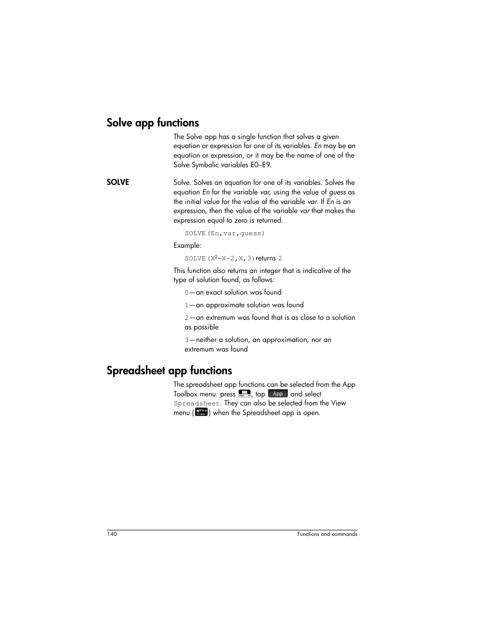 Solve app functions, Spreadsheet app functions | HP Prime Graphing Wireless Calculator User Manual | Page 144 / 334