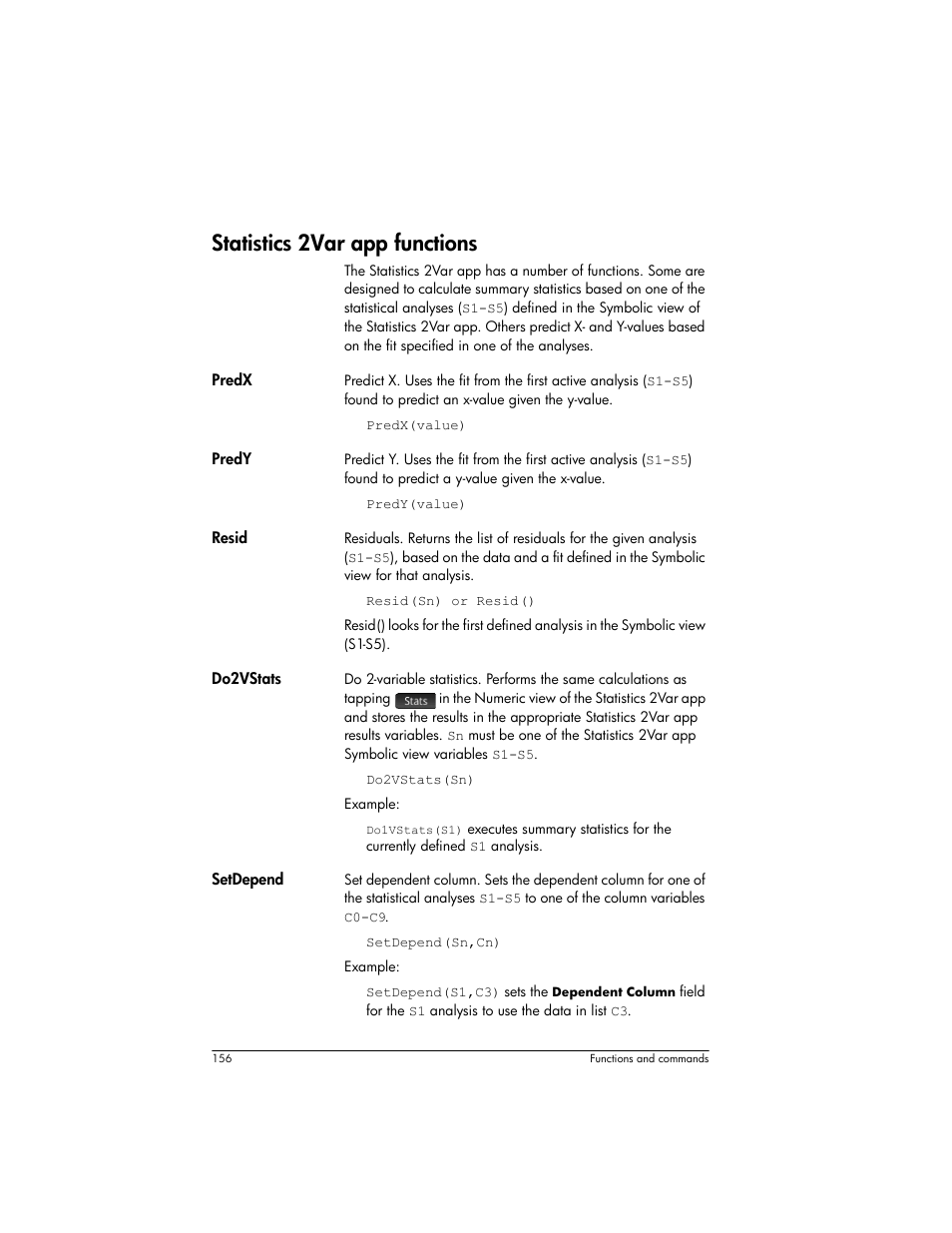 Statistics 2var app functions | HP Prime Graphing Wireless Calculator User Manual | Page 160 / 334