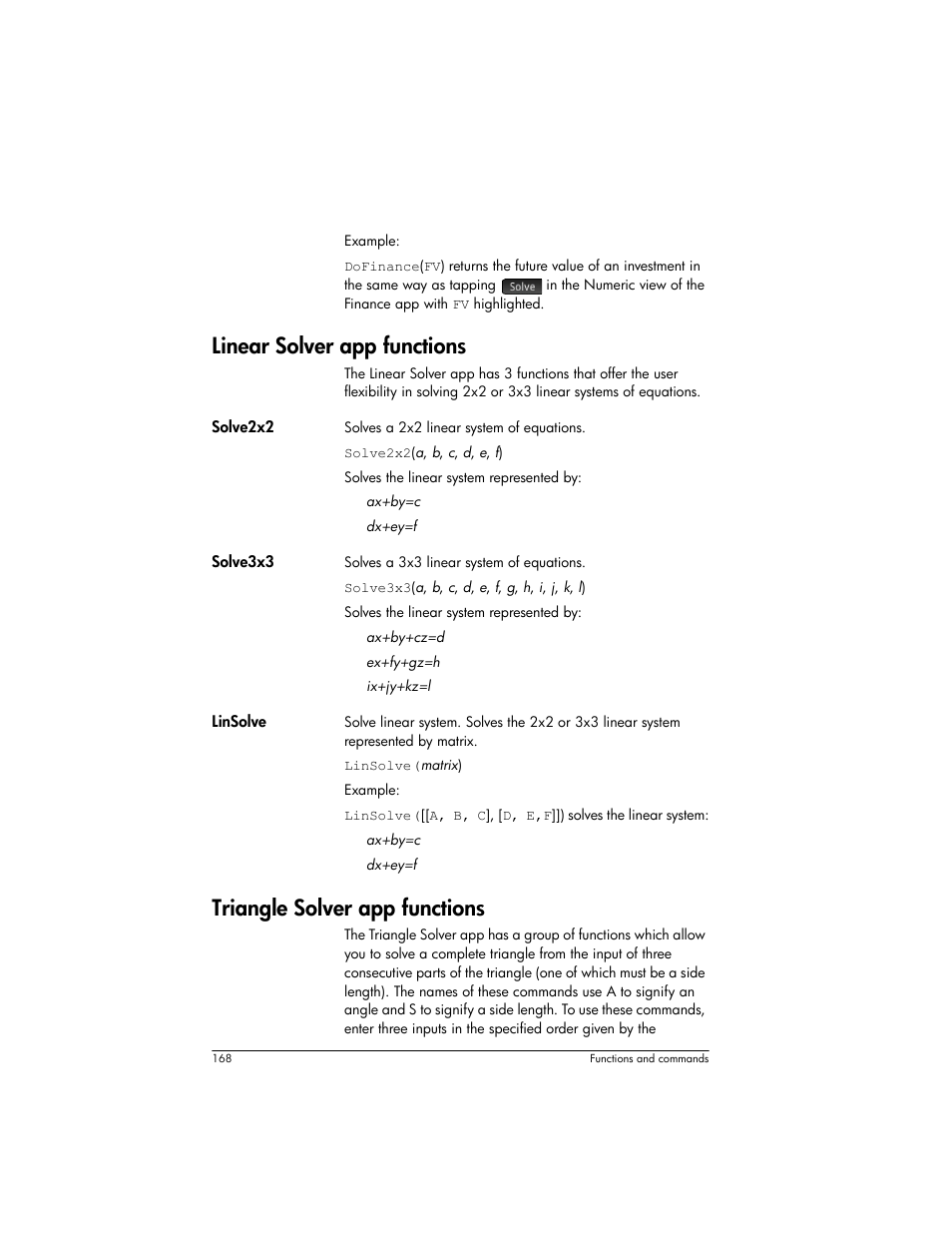 Linear solver app functions, Triangle solver app functions | HP Prime Graphing Wireless Calculator User Manual | Page 172 / 334