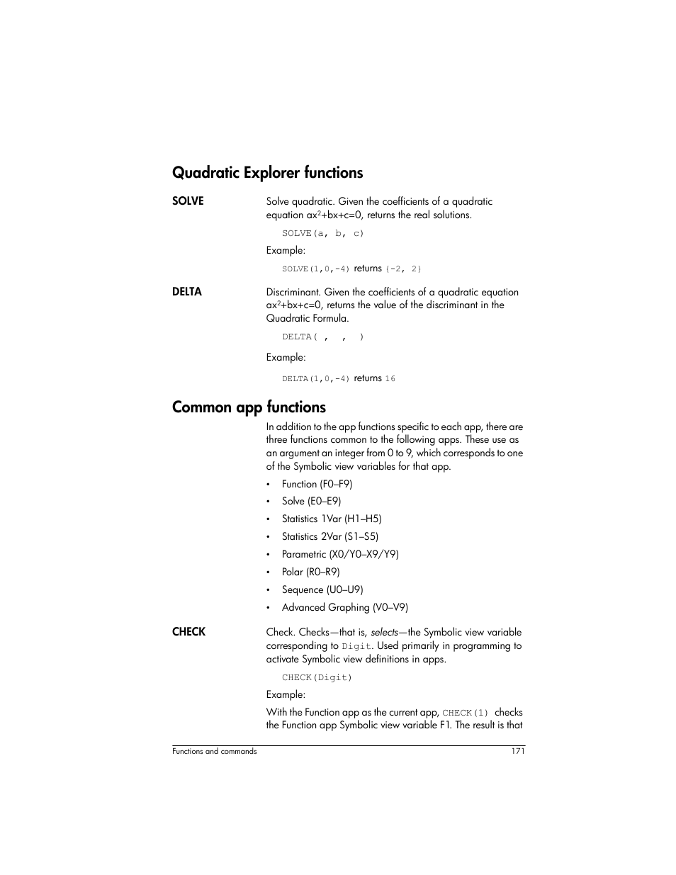 Quadratic explorer functions, Common app functions | HP Prime Graphing Wireless Calculator User Manual | Page 175 / 334