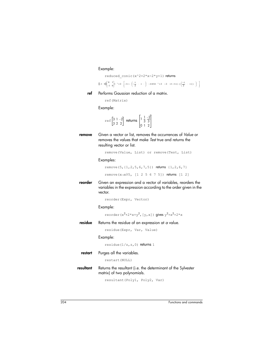 Example, Ref performs gaussian reduction of a matrix, Examples | Returns, Restart purges all the variables | HP Prime Graphing Wireless Calculator User Manual | Page 208 / 334