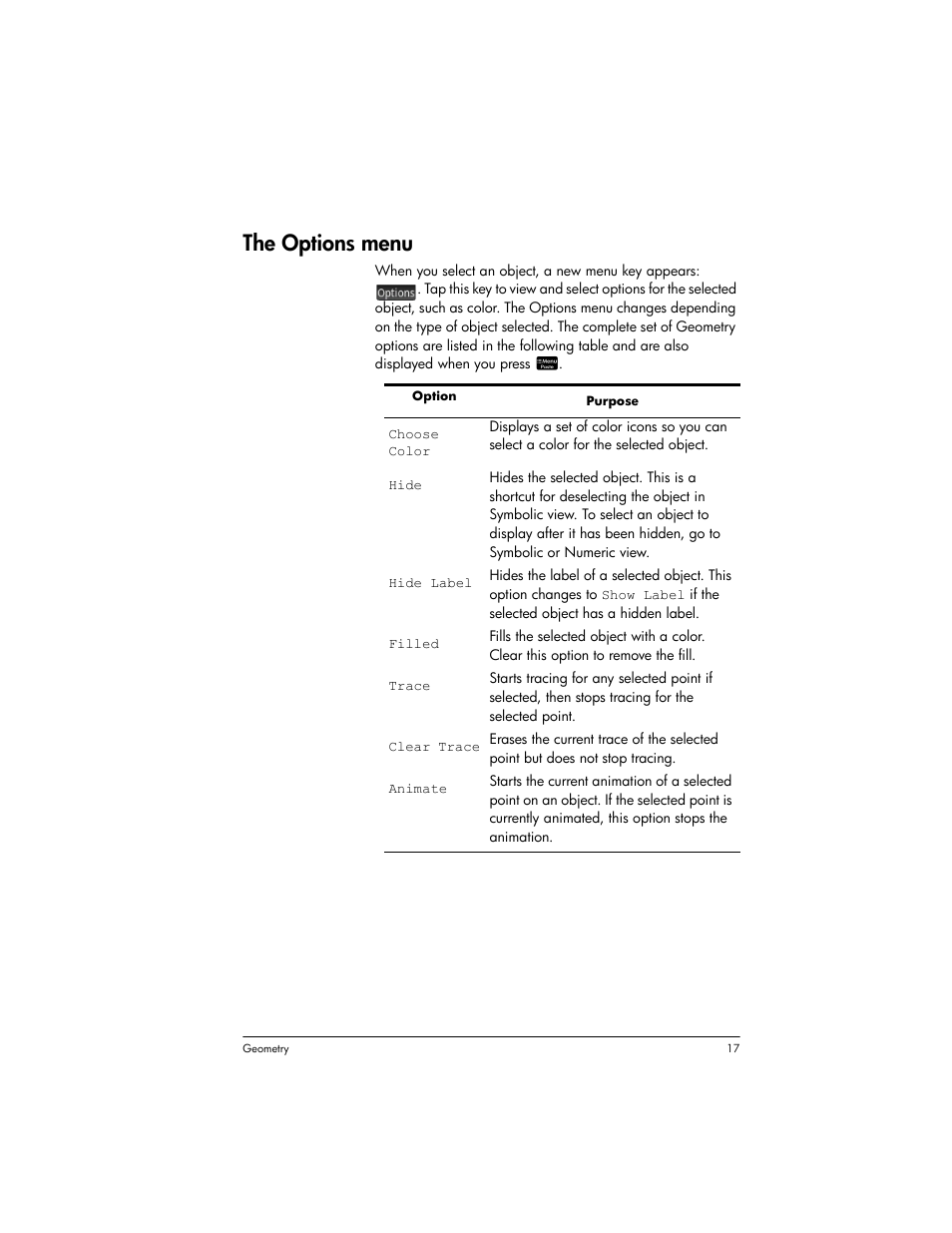 The options menu | HP Prime Graphing Wireless Calculator User Manual | Page 21 / 334