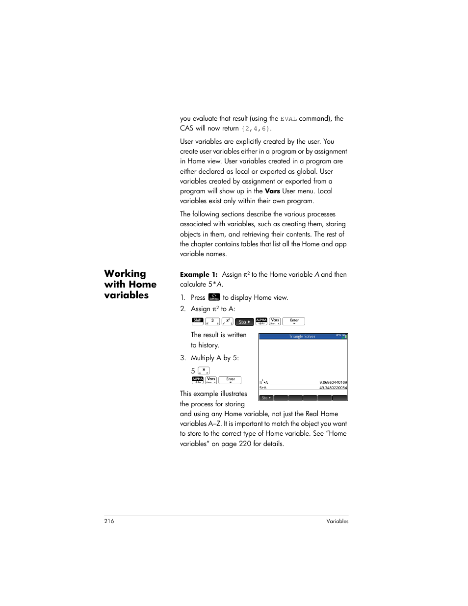 Working with home variables | HP Prime Graphing Wireless Calculator User Manual | Page 220 / 334