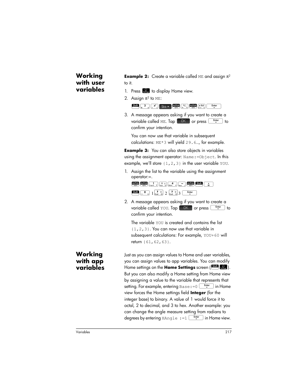 Working with user variables, Working with app variables | HP Prime Graphing Wireless Calculator User Manual | Page 221 / 334