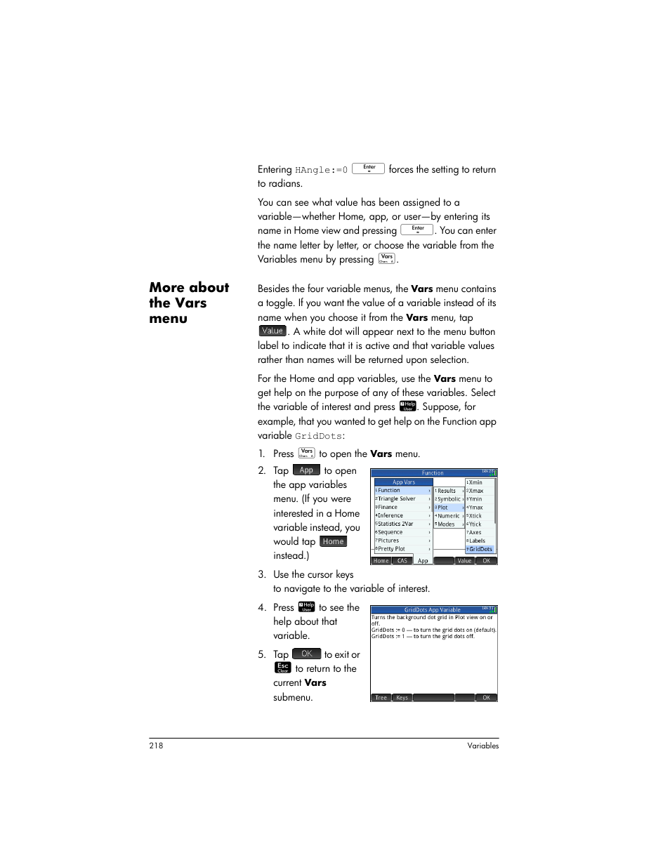 More about the vars menu | HP Prime Graphing Wireless Calculator User Manual | Page 222 / 334