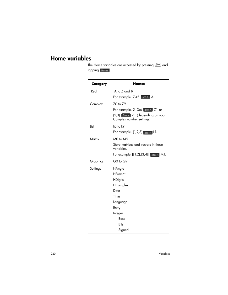 Home variables | HP Prime Graphing Wireless Calculator User Manual | Page 224 / 334