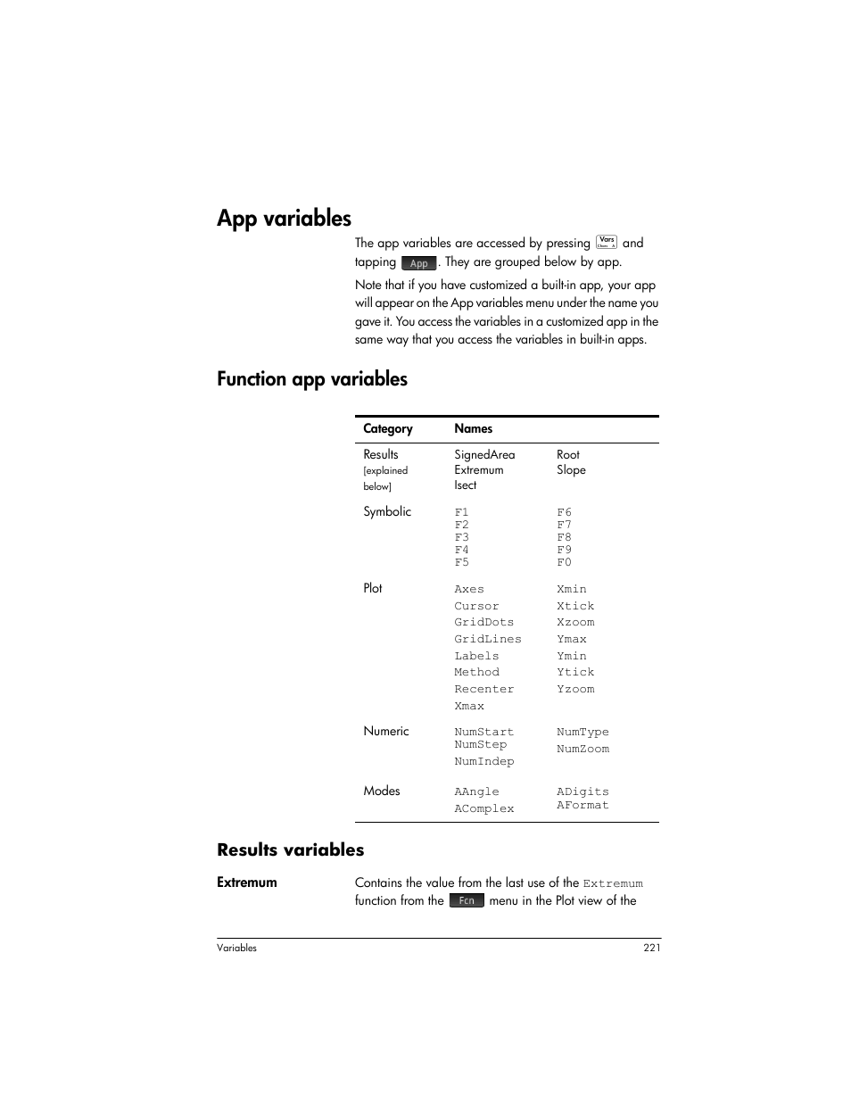 App variables, Function app variables, Results variables | HP Prime Graphing Wireless Calculator User Manual | Page 225 / 334