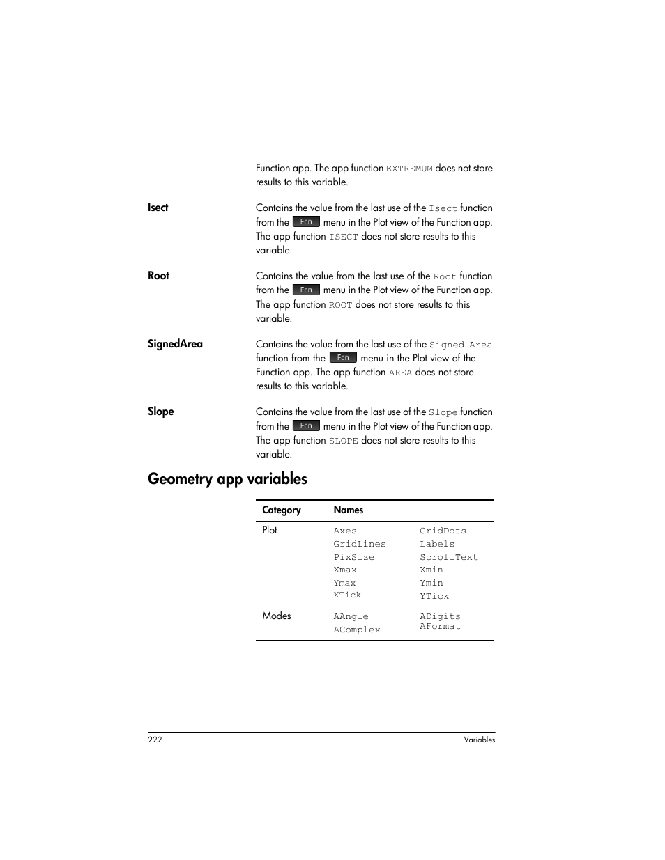 Geometry app variables | HP Prime Graphing Wireless Calculator User Manual | Page 226 / 334