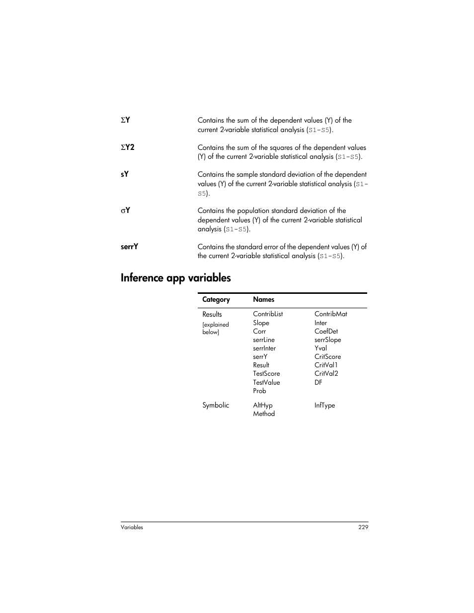 Inference app variables | HP Prime Graphing Wireless Calculator User Manual | Page 233 / 334
