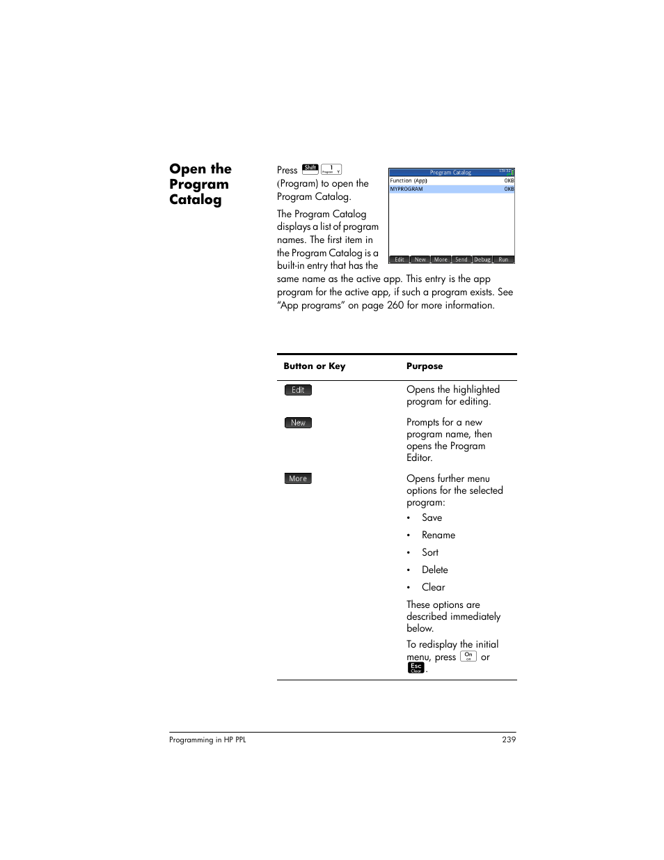 Open the program catalog, Program catalog: buttons and keys | HP Prime Graphing Wireless Calculator User Manual | Page 243 / 334