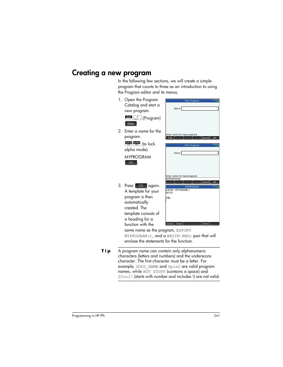 Creating a new program | HP Prime Graphing Wireless Calculator User Manual | Page 245 / 334