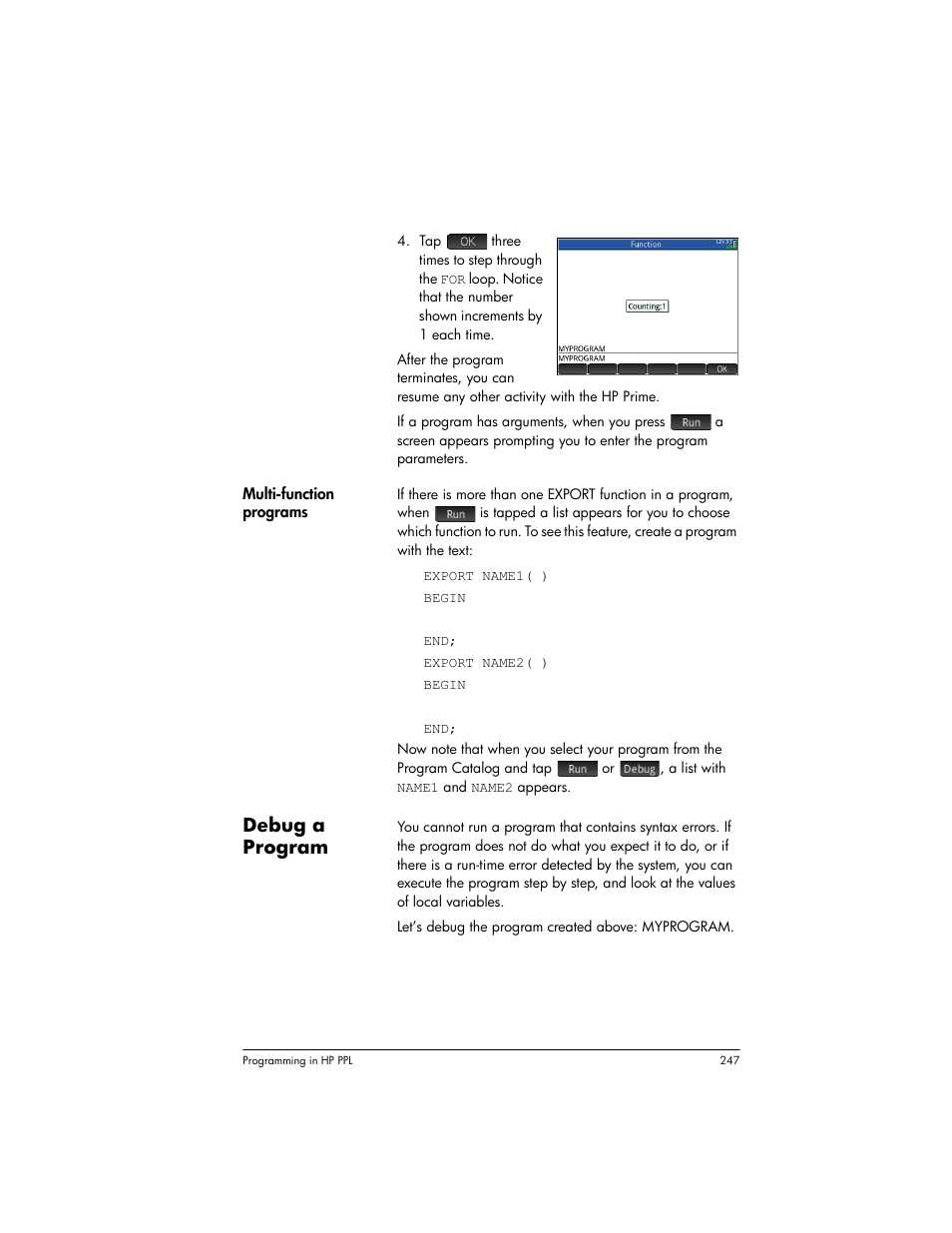 Debug a program | HP Prime Graphing Wireless Calculator User Manual | Page 251 / 334