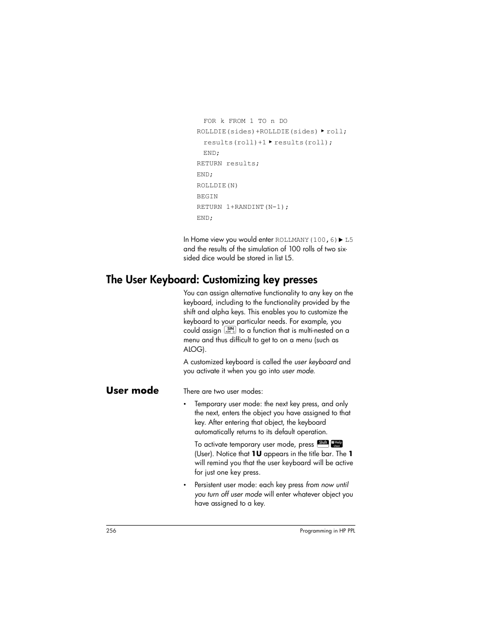 The user keyboard: customizing key presses, User mode | HP Prime Graphing Wireless Calculator User Manual | Page 260 / 334