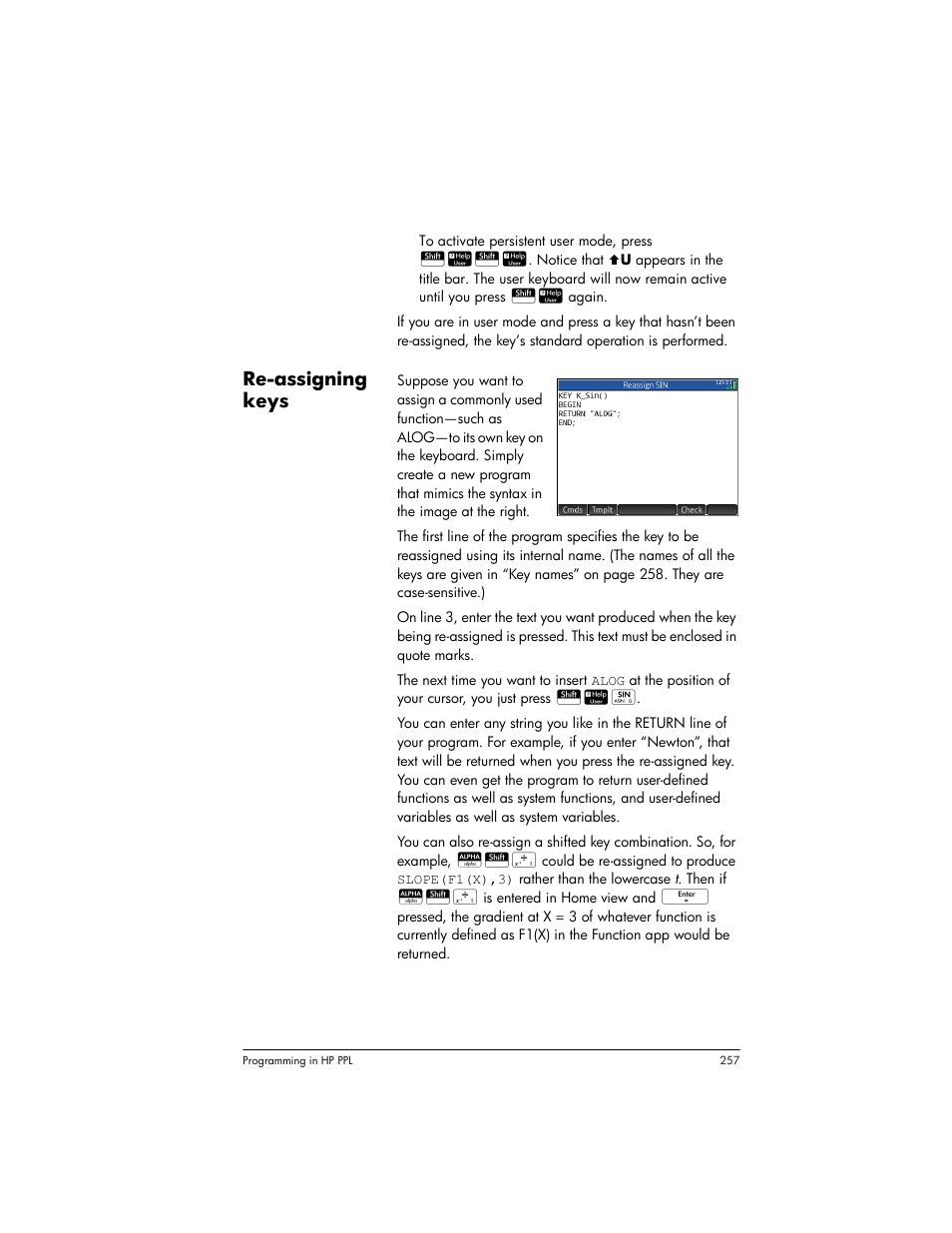 Re-assigning keys | HP Prime Graphing Wireless Calculator User Manual | Page 261 / 334