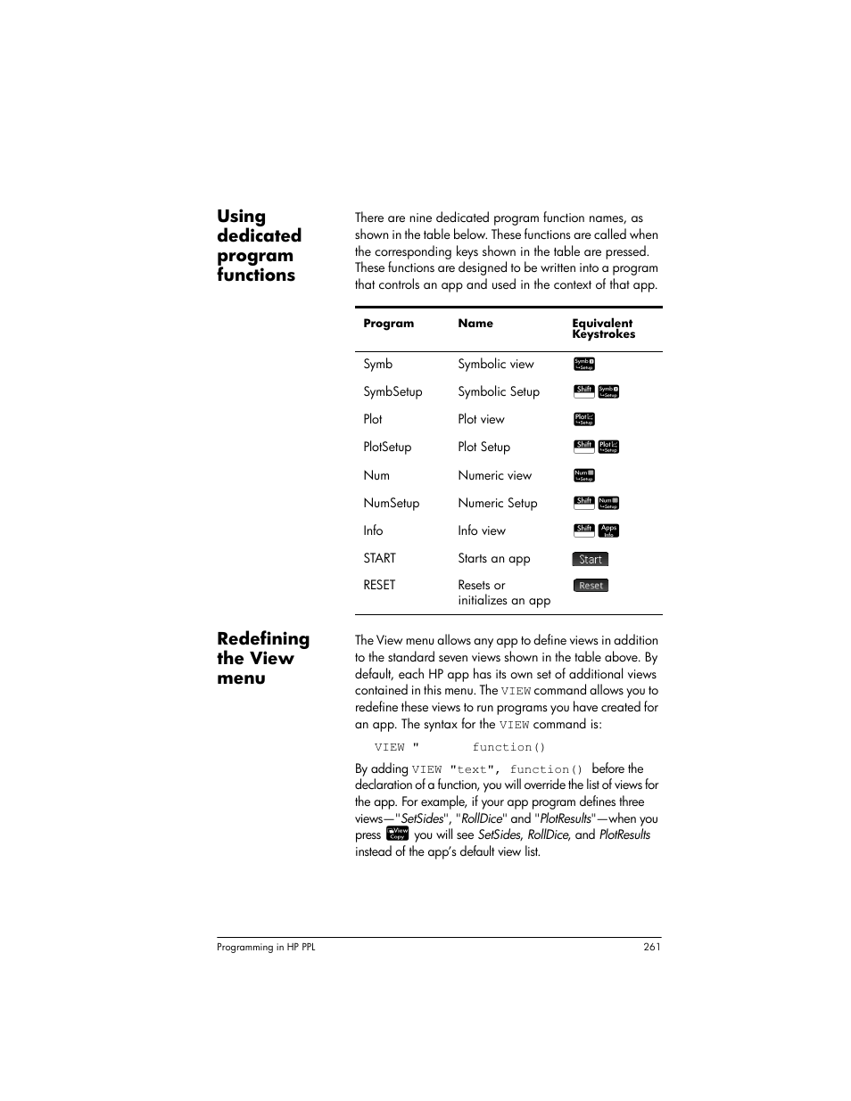 Using dedicated program functions, Redefining the view menu | HP Prime Graphing Wireless Calculator User Manual | Page 265 / 334