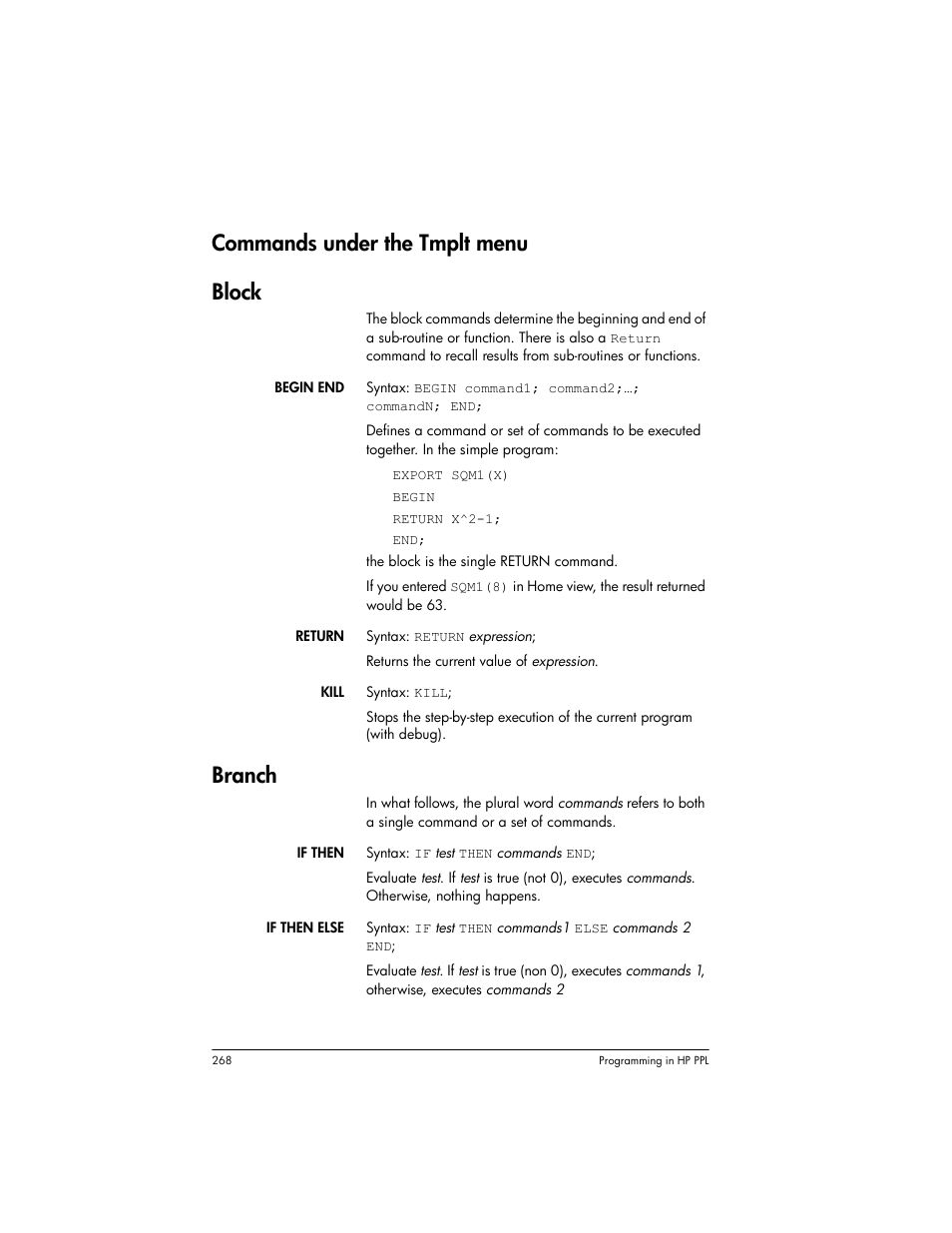 Commands under the tmplt menu, Block, Branch | Commands, Under the tmplt menu, Commands under the tmplt menu block | HP Prime Graphing Wireless Calculator User Manual | Page 272 / 334