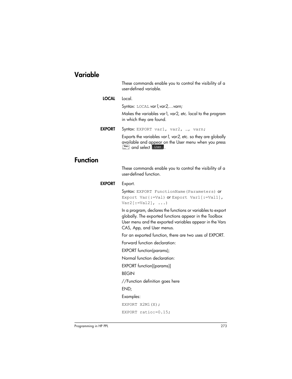 Variable, Function | HP Prime Graphing Wireless Calculator User Manual | Page 277 / 334