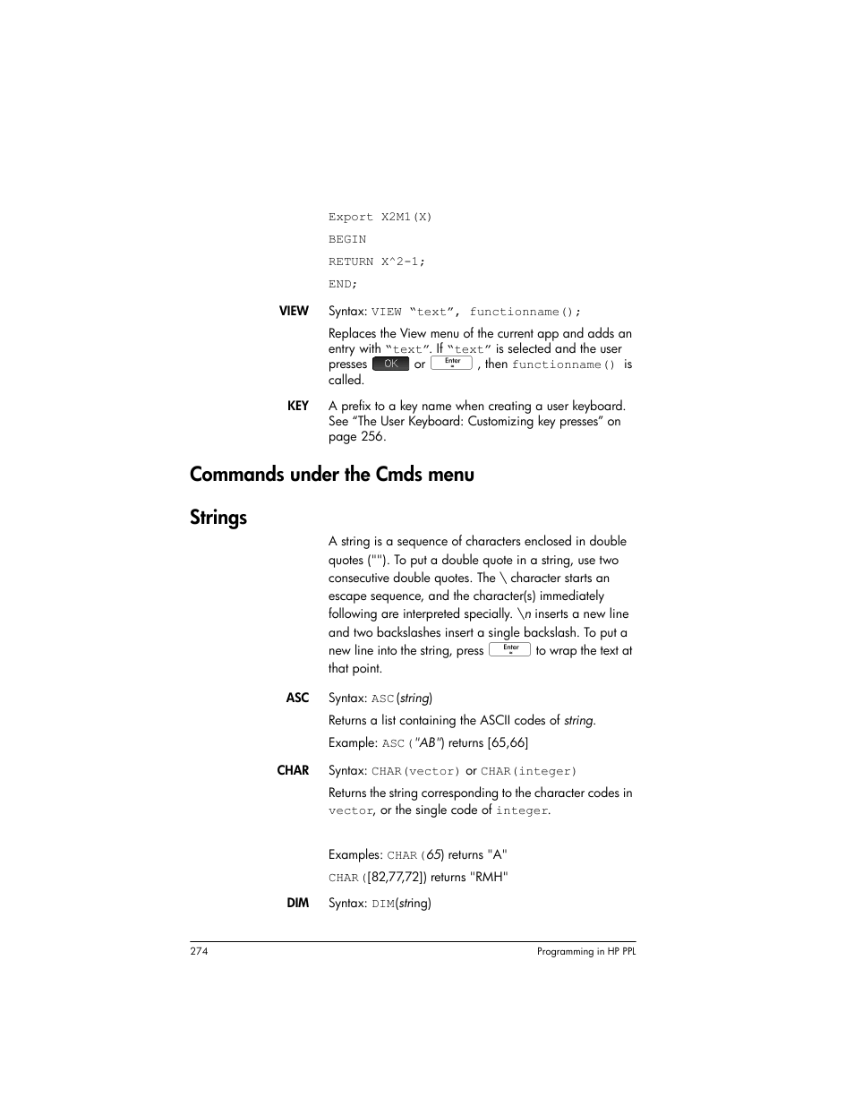 Commands under the cmds menu, Strings, Commands | Under the cmds menu, Commands under the cmds menu strings | HP Prime Graphing Wireless Calculator User Manual | Page 278 / 334