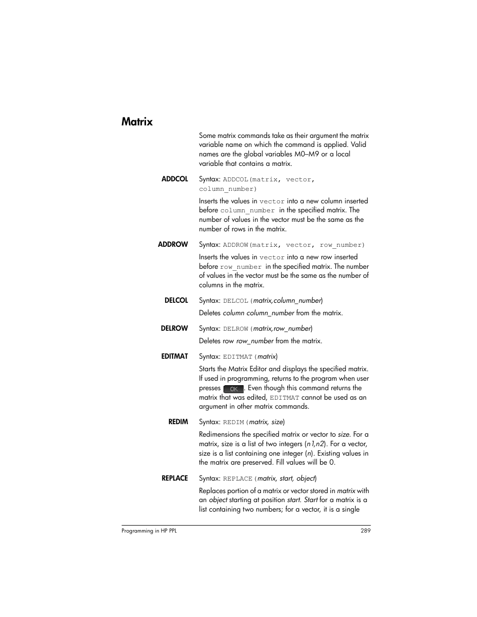 Matrix | HP Prime Graphing Wireless Calculator User Manual | Page 293 / 334