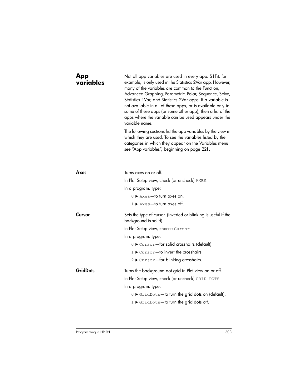 App variables, Plot view variables | HP Prime Graphing Wireless Calculator User Manual | Page 307 / 334