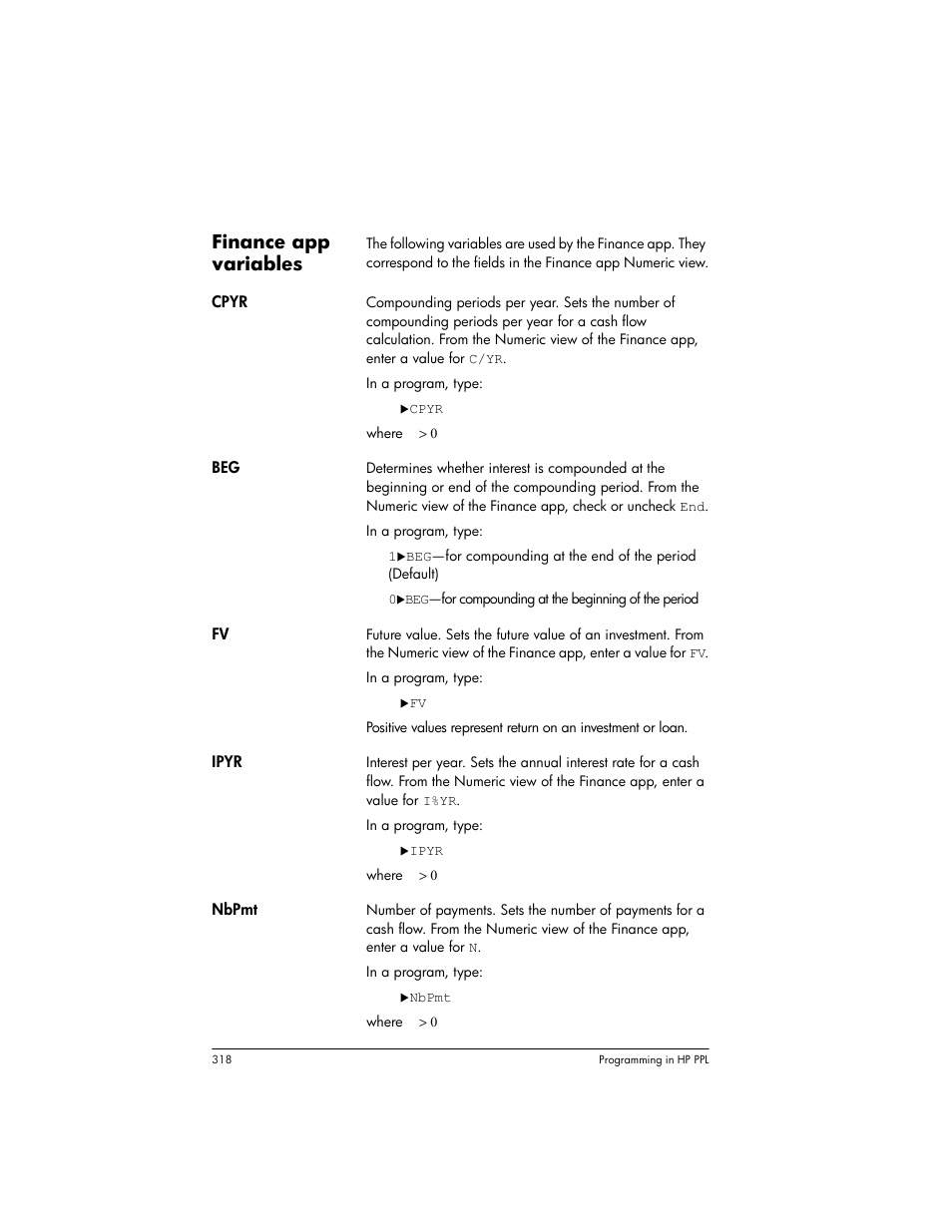 Finance app variables | HP Prime Graphing Wireless Calculator User Manual | Page 322 / 334