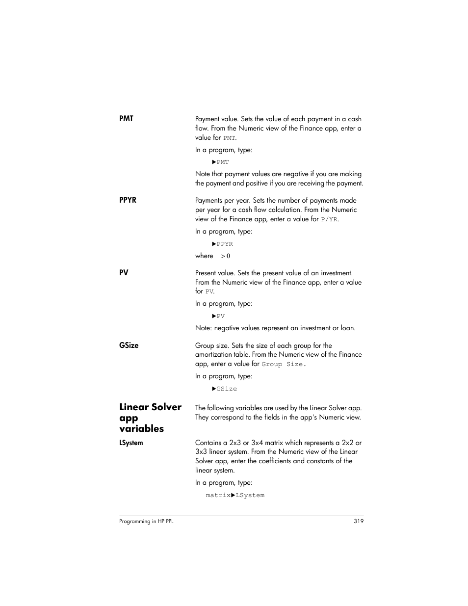 Linear solver app variables | HP Prime Graphing Wireless Calculator User Manual | Page 323 / 334