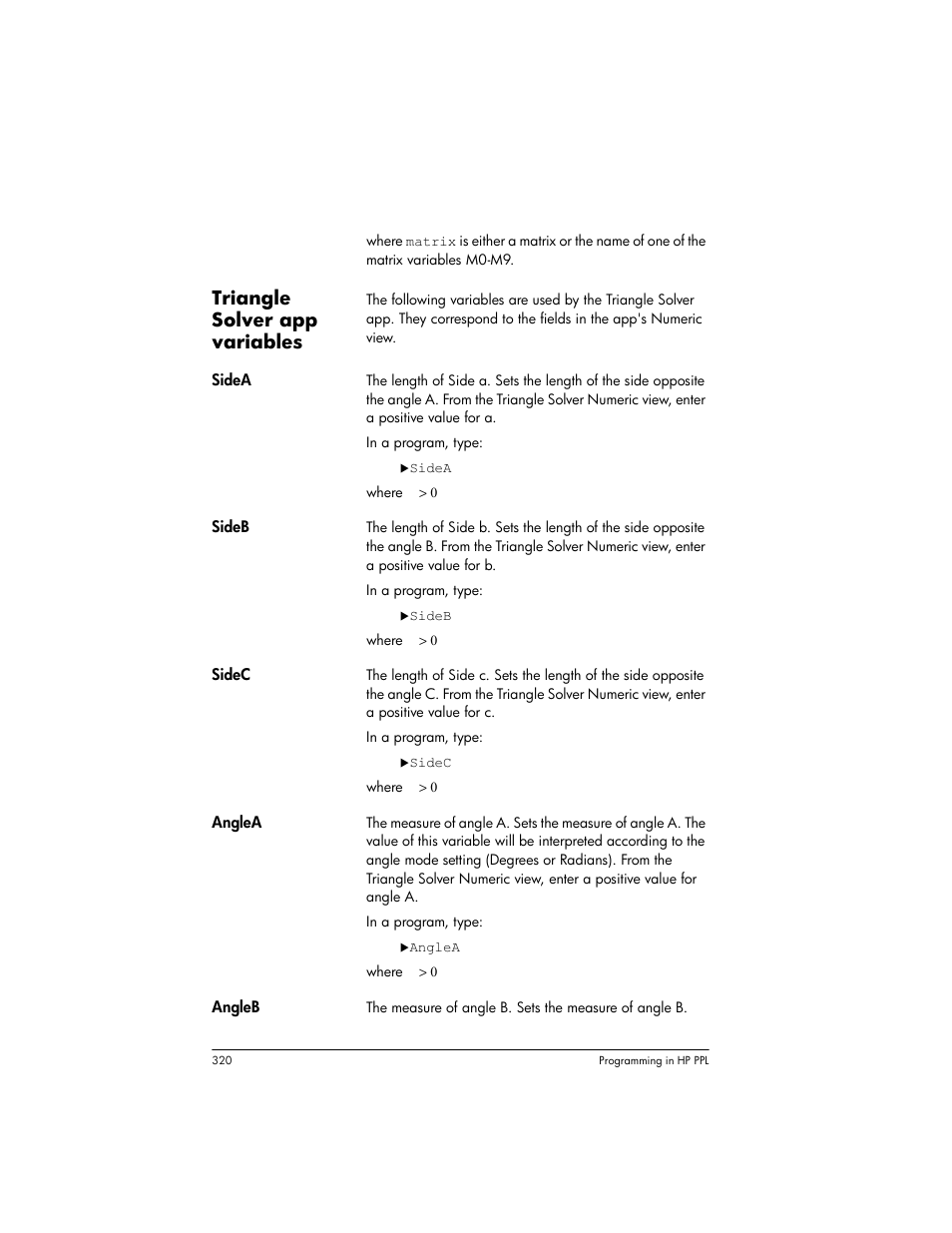 Triangle solver app variables | HP Prime Graphing Wireless Calculator User Manual | Page 324 / 334