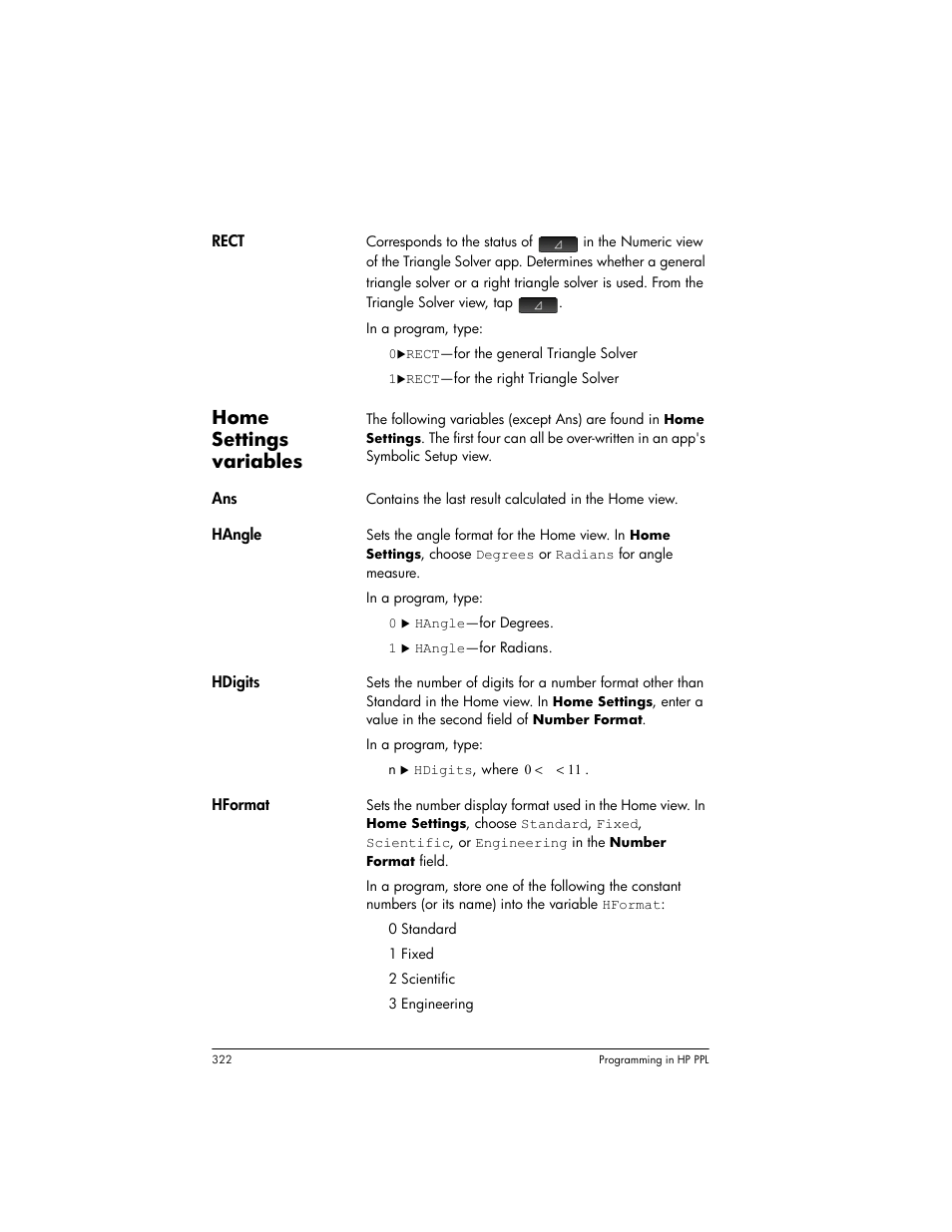 Home settings variables | HP Prime Graphing Wireless Calculator User Manual | Page 326 / 334