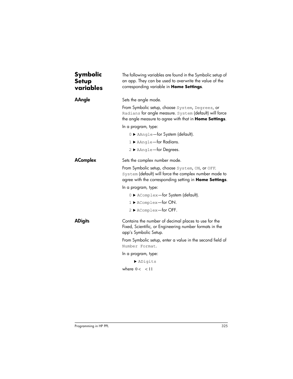 Symbolic setup variables | HP Prime Graphing Wireless Calculator User Manual | Page 329 / 334