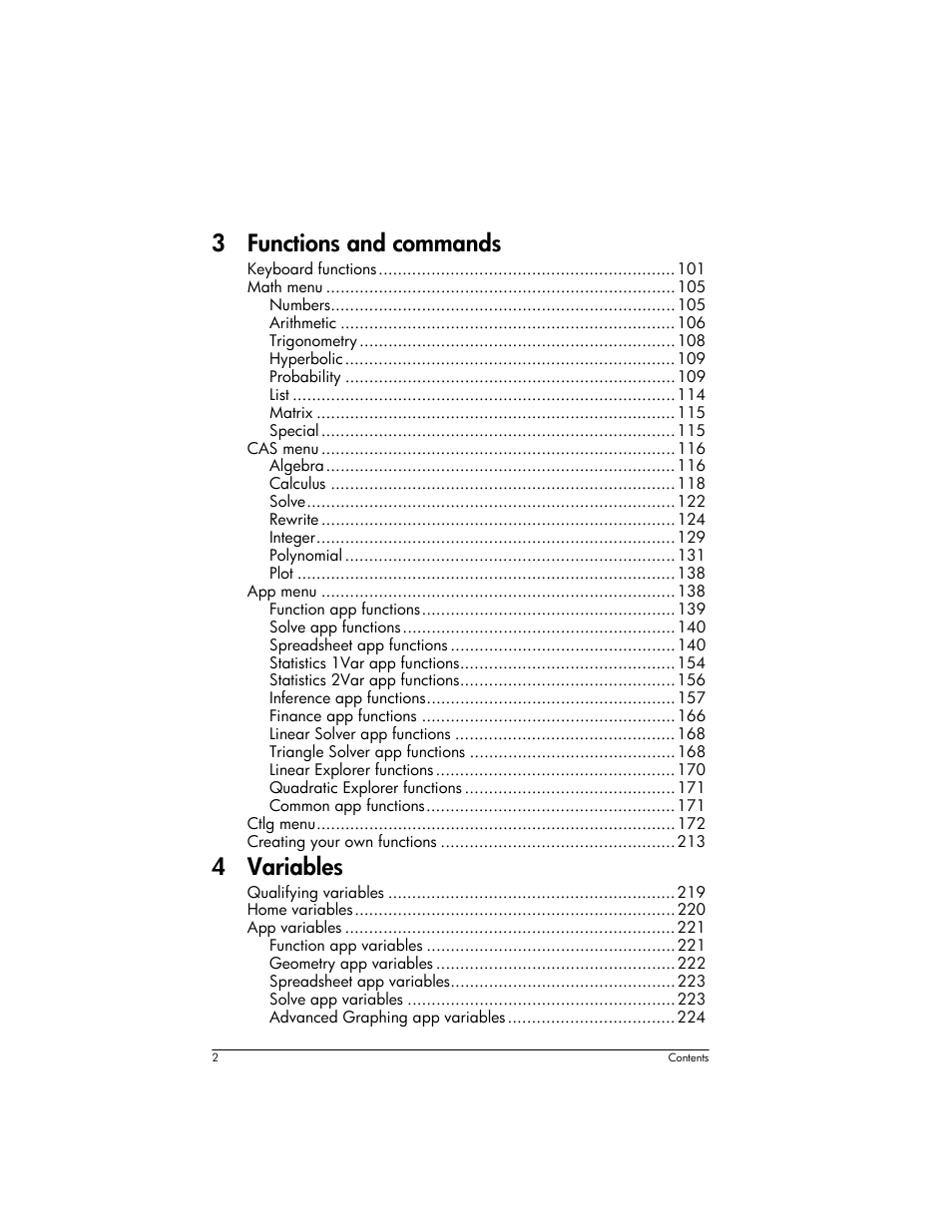 3 functions and commands, 4 variables | HP Prime Graphing Wireless Calculator User Manual | Page 6 / 334