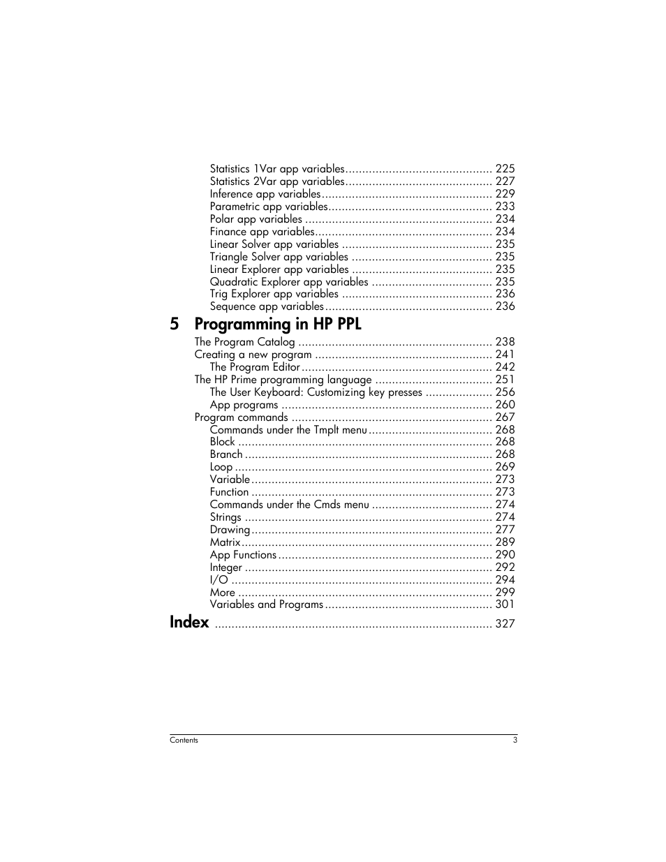 5 programming in hp ppl, Index | HP Prime Graphing Wireless Calculator User Manual | Page 7 / 334