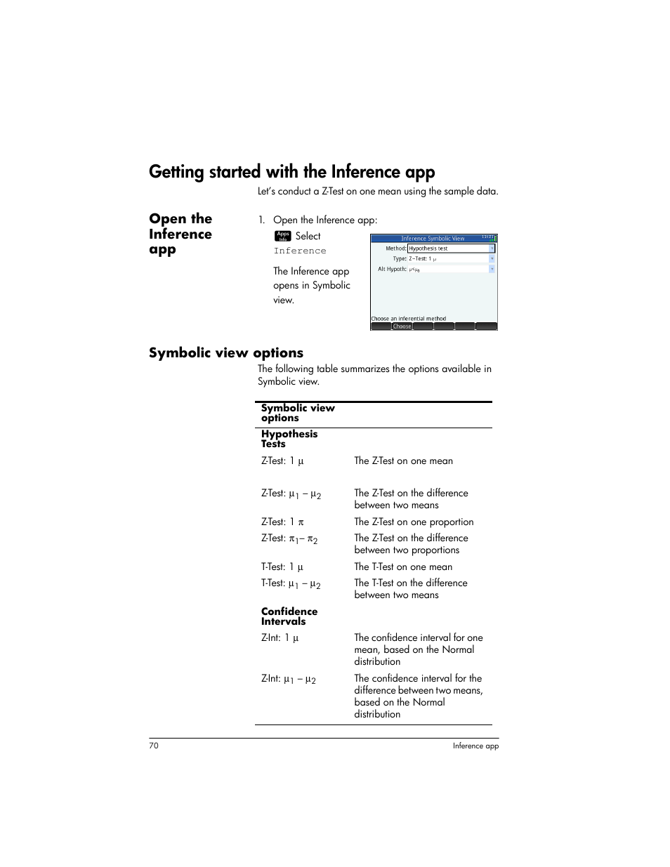 Getting started with the inference app, Open the inference app, Symbolic view options | HP Prime Graphing Wireless Calculator User Manual | Page 74 / 334