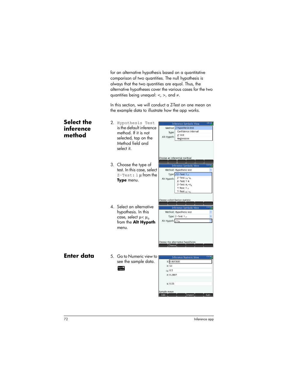 Select the inference method, Enter data | HP Prime Graphing Wireless Calculator User Manual | Page 76 / 334