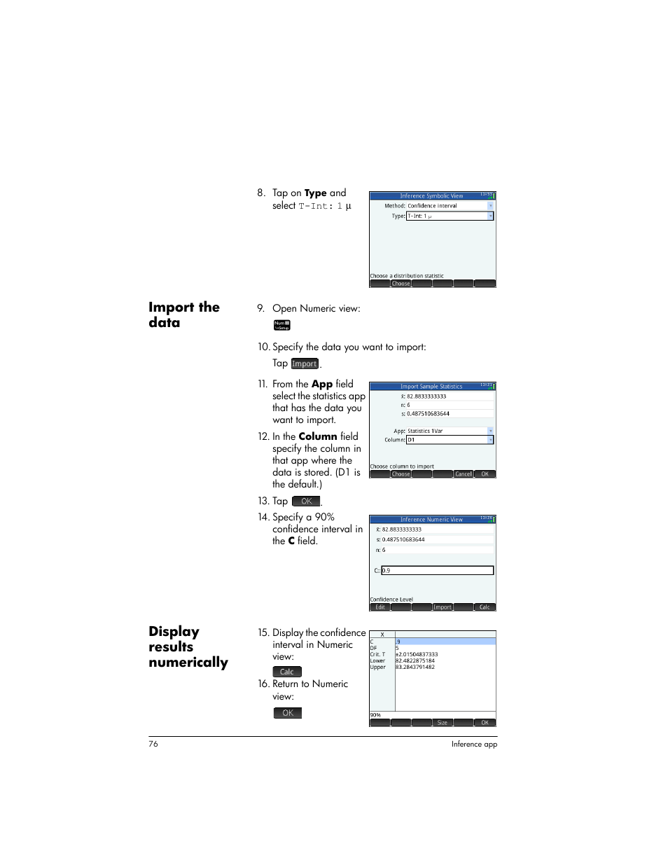 Import the data, Display results numerically | HP Prime Graphing Wireless Calculator User Manual | Page 80 / 334