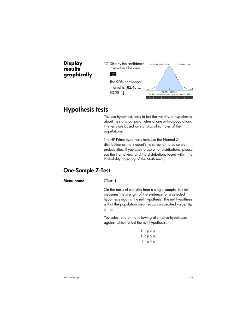 Hypothesis tests, One-sample z-test, Display results graphically | HP Prime Graphing Wireless Calculator User Manual | Page 81 / 334