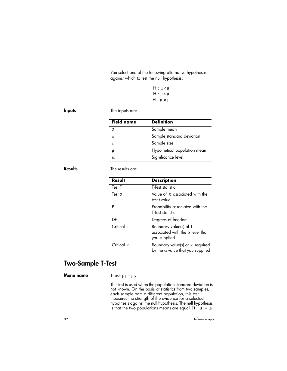 Two-sample t-test | HP Prime Graphing Wireless Calculator User Manual | Page 86 / 334