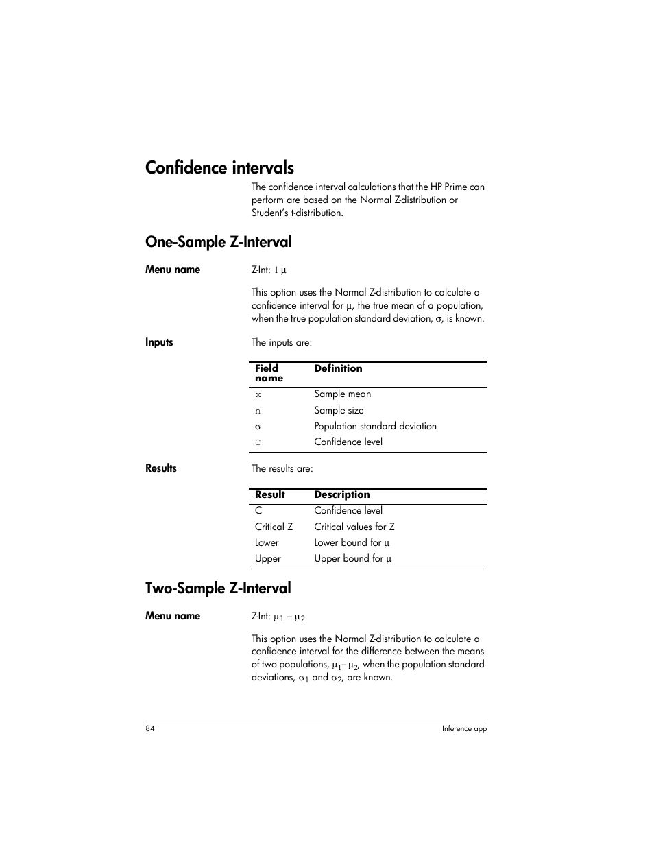 Confidence intervals, One-sample z-interval, Two-sample z-interval | HP Prime Graphing Wireless Calculator User Manual | Page 88 / 334