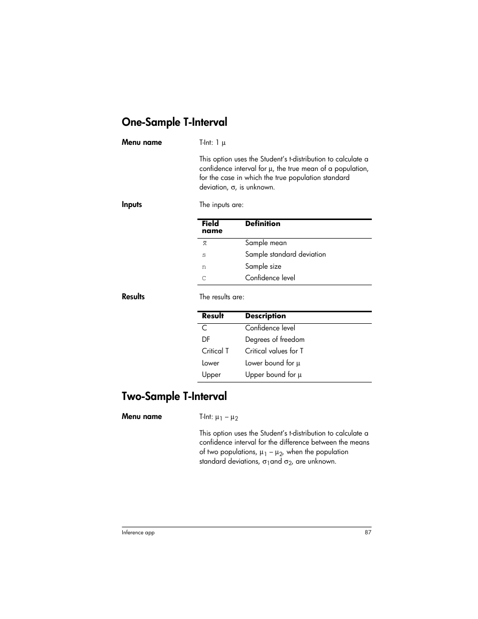 One-sample t-interval, Two-sample t-interval | HP Prime Graphing Wireless Calculator User Manual | Page 91 / 334