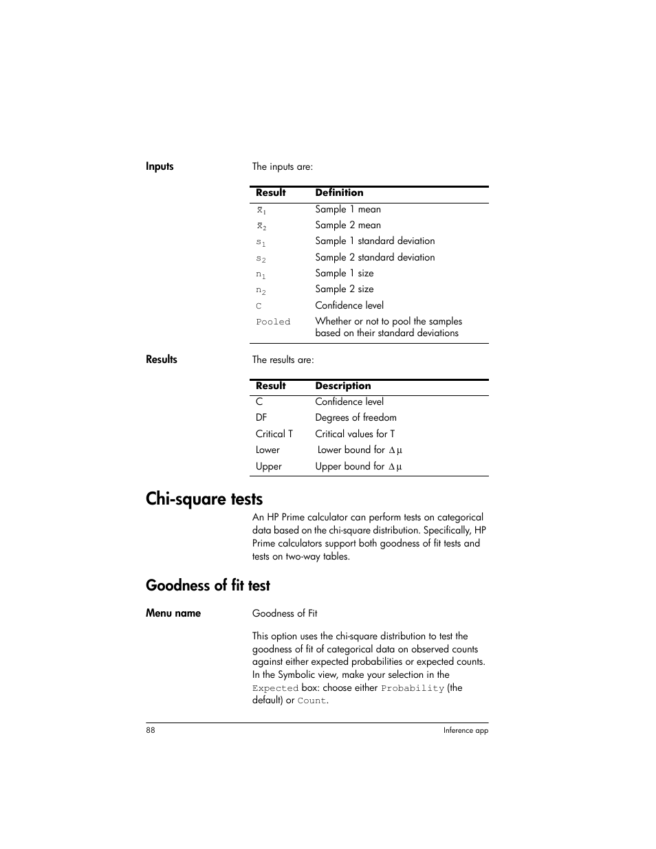 Chi-square tests, Goodness of fit test | HP Prime Graphing Wireless Calculator User Manual | Page 92 / 334