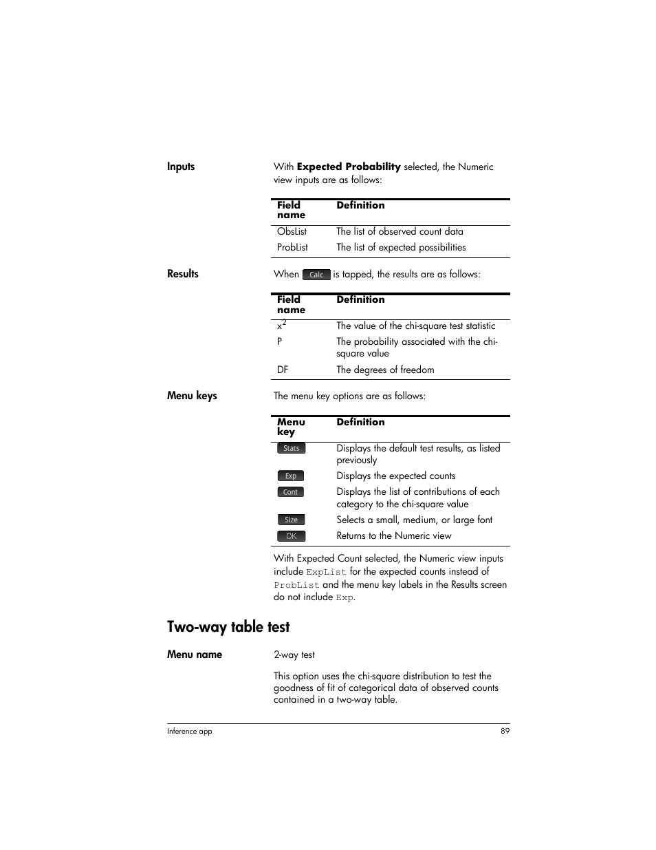 Two-way table test | HP Prime Graphing Wireless Calculator User Manual | Page 93 / 334