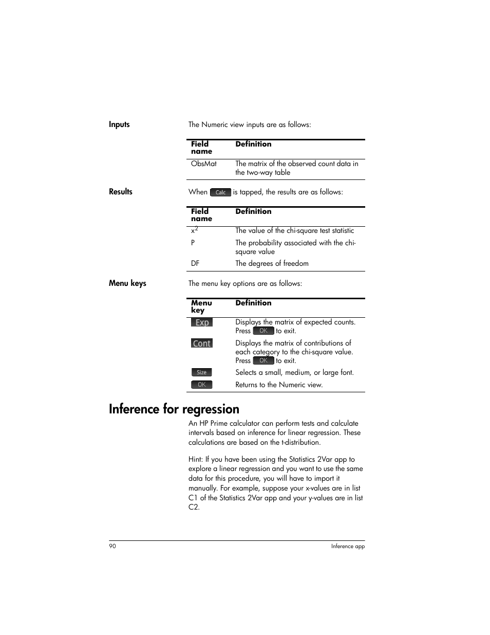 Inference for regression | HP Prime Graphing Wireless Calculator User Manual | Page 94 / 334